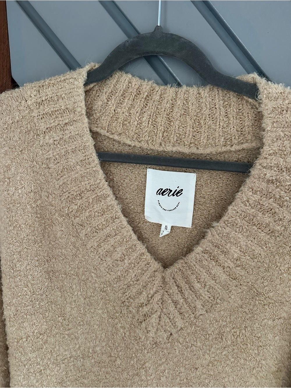 aerie Soft Tan V-Neck Plush Knit Sweater - Picture 2 of 3